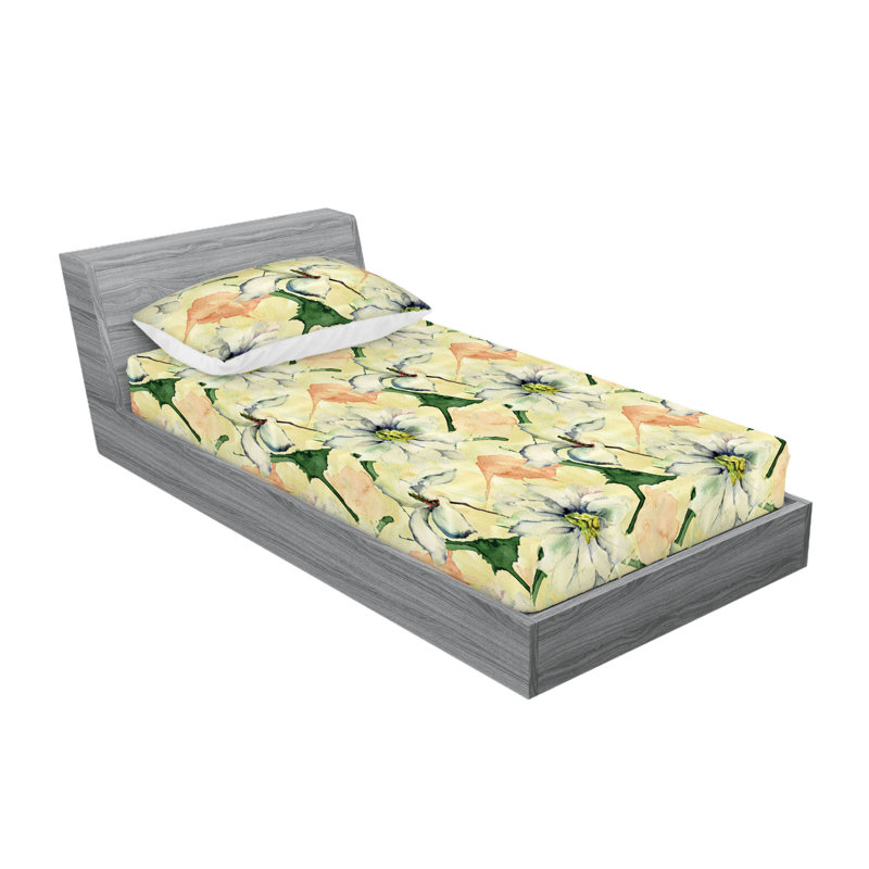 Drap-housse et taies décoratives 3 pièces Ambesonne, Gris et jaune / motif floral vert forêt