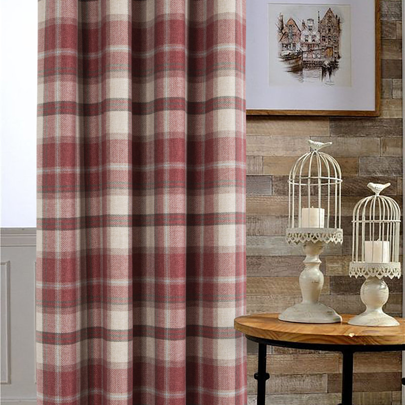  100% Blackout Curtains Check Eyelet Curtain Bedroom Plaid Woven Brushed Cheque Pair of Highland Woolen Look Window Treatment for Living Room Beige 46 * 54 Inches