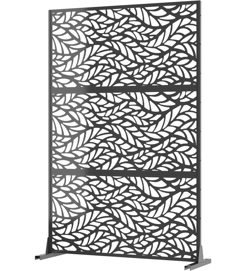 Freestanding Metal Privacy Screen, Laser Cut Decorative Garden Fence Panel with Stand, Rustproof Galvanised Steel Divider, 183x120cm, Black, dancing L