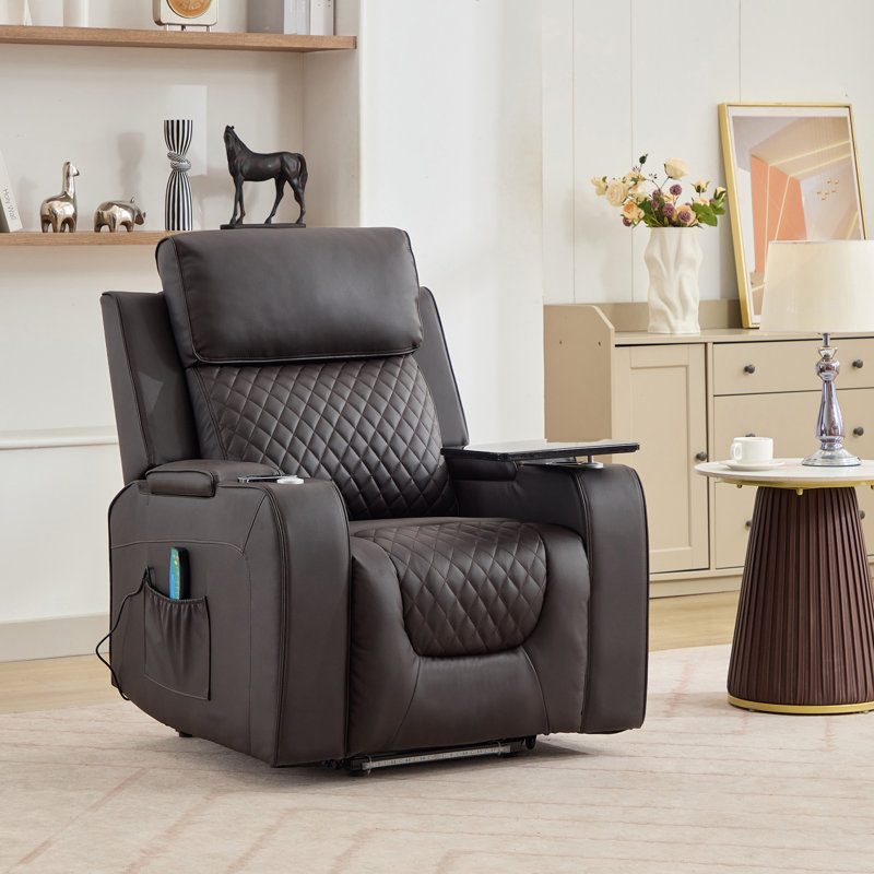 Byron 86 cm Wide Faux Leather Lift Assist Recliner with Massager and Heated Cushion, Brown