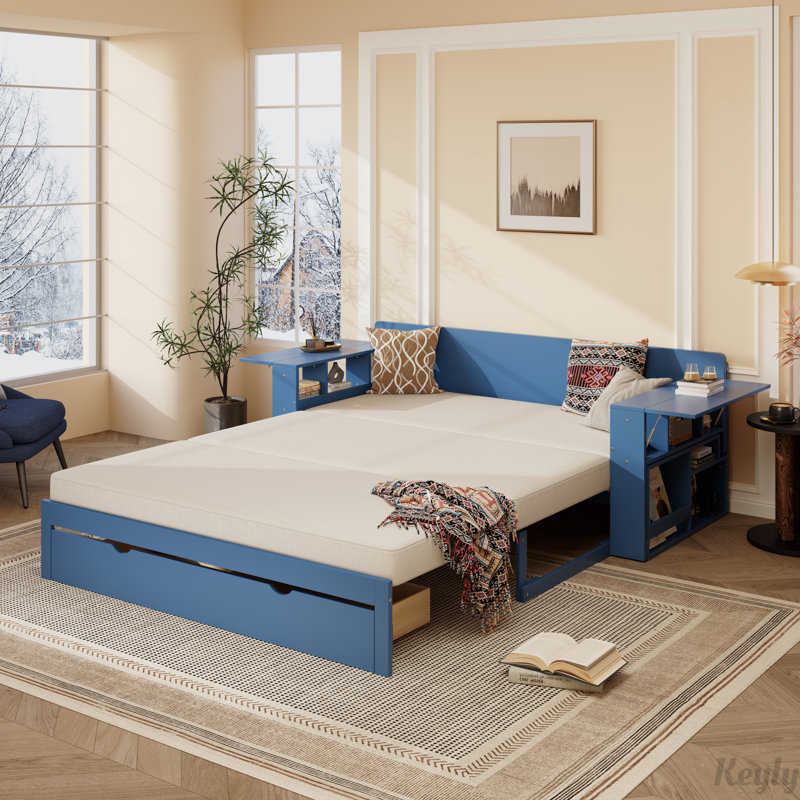 Versatile Daybed with Removable Desk, Storage Drawers, and Hydraulic Side Table for Modern Living, Blue, Queen