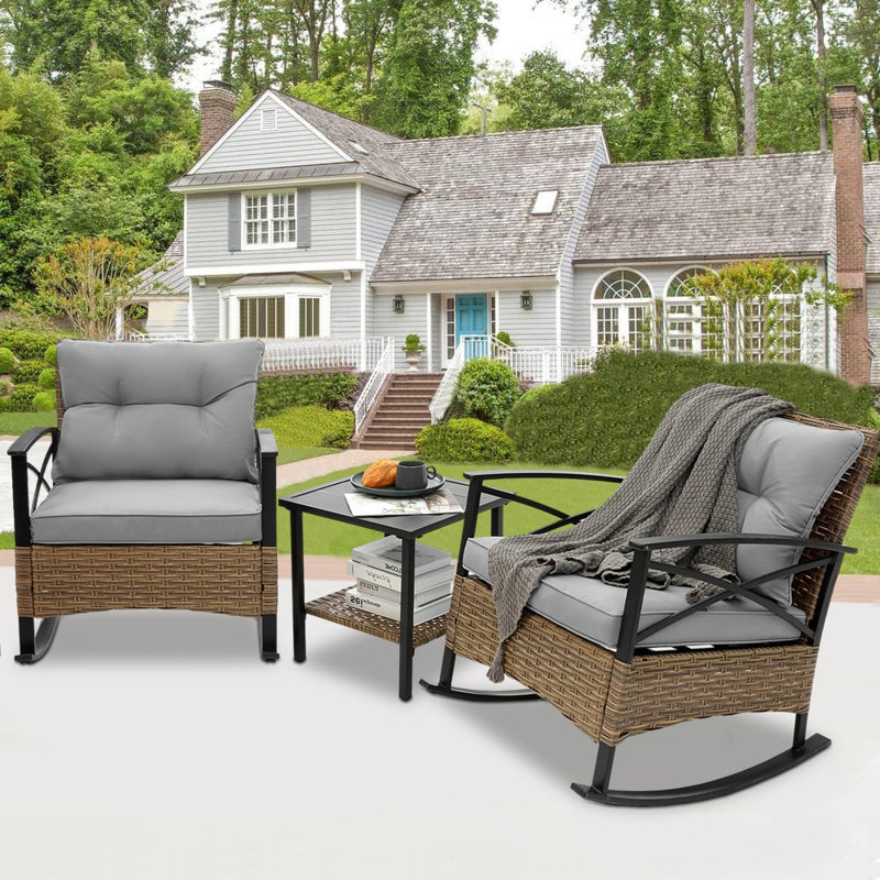 Barbary 3pcs Patio Rocking Rattan Set, Outdoor Bistro Set with Cushions, 2 Rocker Chairs& 2-Tier Side Table, Gray