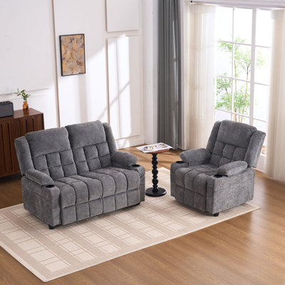 3-Piece Power Reclining Sofa Set (Loveseat & Single Chair) with Cup Holders, Plush Chenille Fabric - Family Home Theater Seating