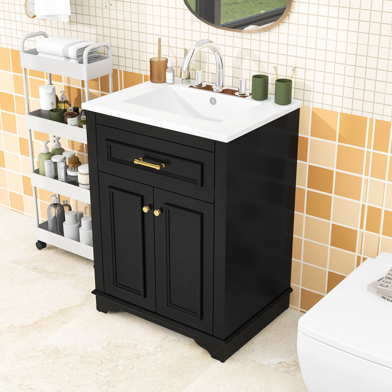 Meuble-lavabo élégant avec lavabo en céramique, tiroir basculant, portes à fermeture en douceur et tablette réglable, Noir