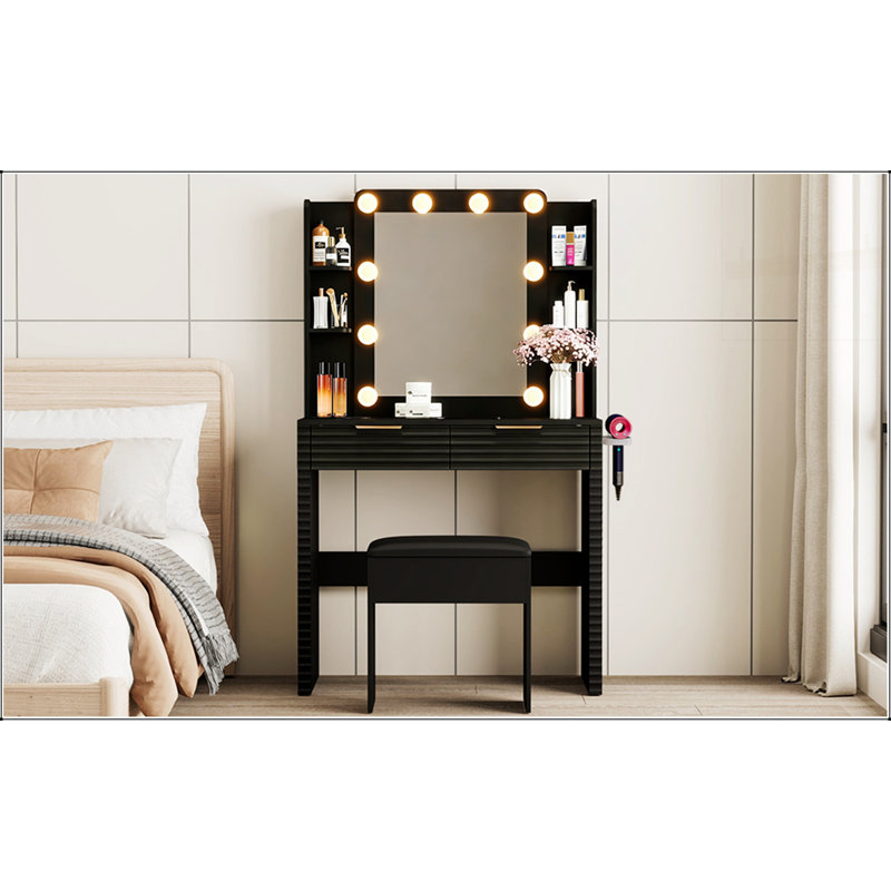 Bureau de maquillage avec 10 ampoules réglables Hollywood, coiffeuse cannelée avec station de charge, tiroirs et tablettes