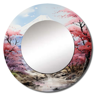 Asian Art Majestic Mont Fuji III - Asian Art Large Mirror, Pink Round Unique Wall Mirror Decor, Printed Metal Art