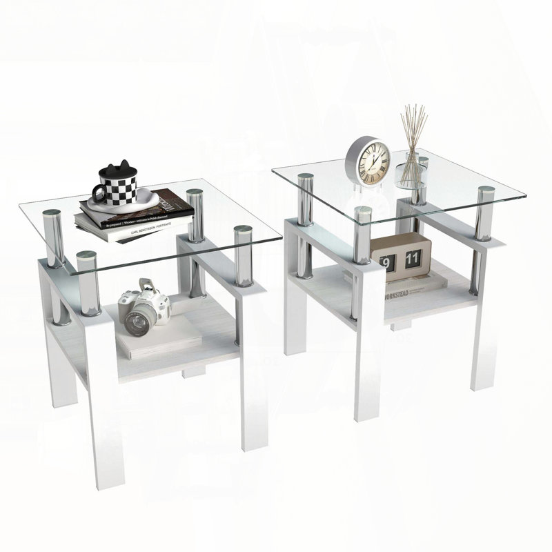 Ensemble 2 pièces table de thé moderne en verre trempé - transparent / carré blanc, Blanc