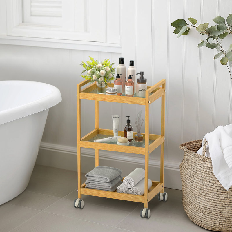 3-Tier Glass Utility Cart Rolling Metal Storage Organizer with Wheels, Brown
