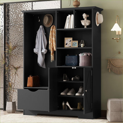 Portemanteau FlowLuxe noir mat multifonctionnel, portemanteau avec banc de rangement, tablettes, tiroirs et armoire pour couloirs