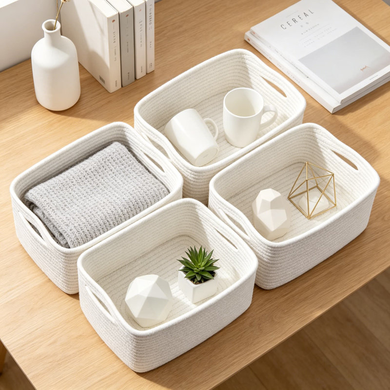 Set Of 4 Woven Cotton Rope Storage Baskets, Rectangle Organizer Bins For Shelves, Nursery, And Home Organization, White