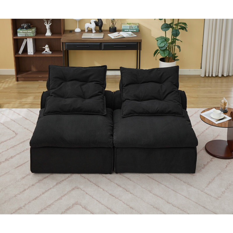 Ernesto Boneless Armless Chenille Compression Sectional Sofa with Neck & Lumbar Pillow, Black