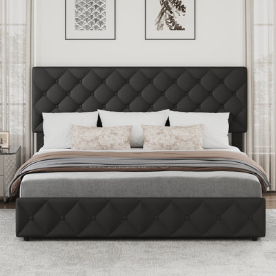 Upholstered King Platform Bed Frame with 4 Storage Drawers Adjustable Headboard, PU Leather Platform Storage Bedframe with Button Tufted, Wooden Slats Support, No Box Spring Needed