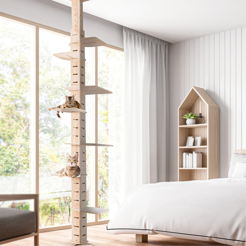 Arbre à chat réglable au plafond et au plafond pour un plaisir intérieur. Multi-niveaux. Panneau de pin multi-couches. Tablettes perchées avec tapis en flanelle. La conception verticale divertit les chats. Aucun perçage requis.