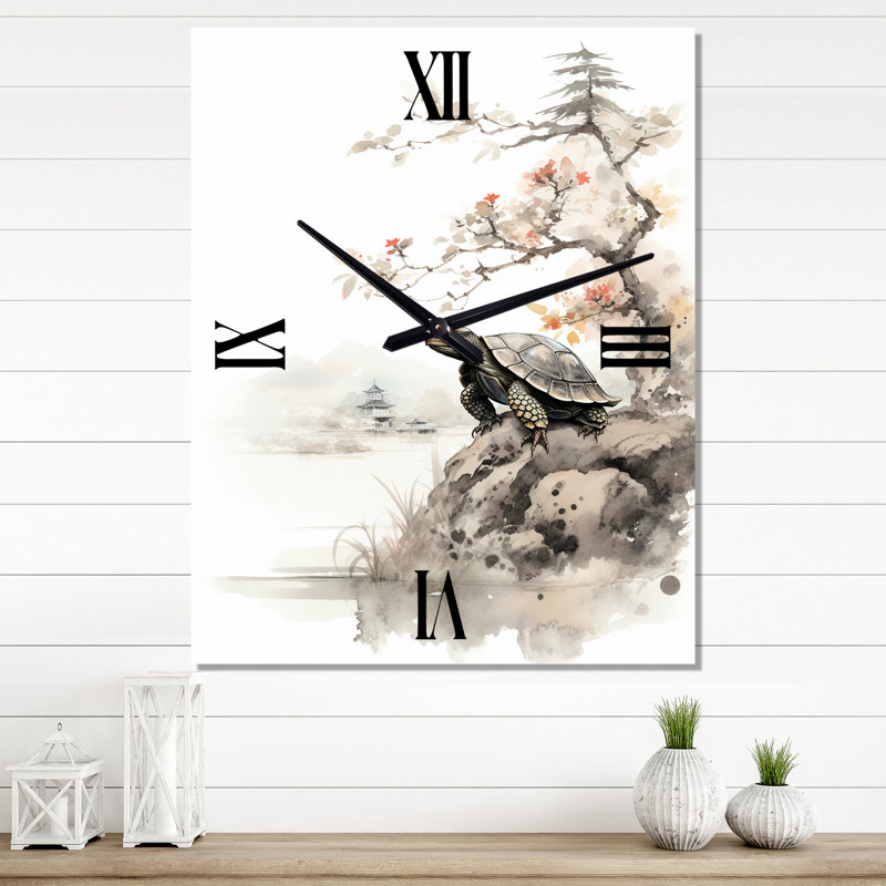 Asian Art Turtle Sumi III - Horloge murale moderne asiatique, H 32 po x l 16 po x P 1 po