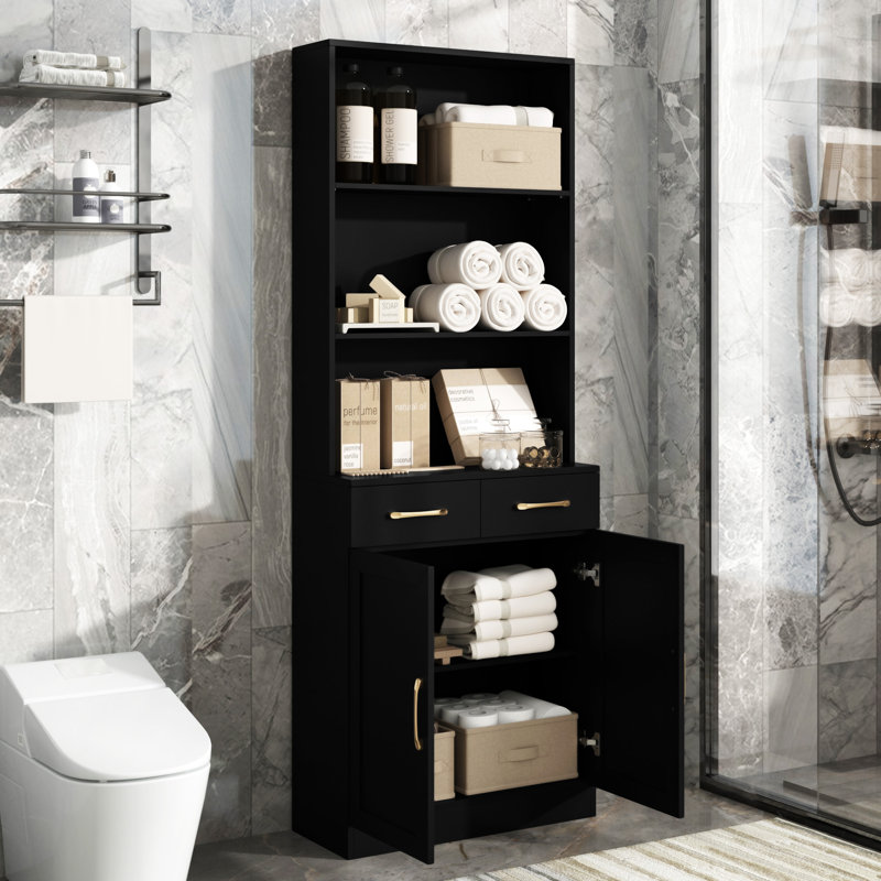 Bathroom Storage Cabinet, Cabinet With Two Doors And Drawers, Accent Cabinet With 1 Adjustable Shelf, Black
