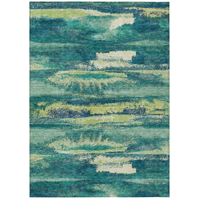 9' X 12' Emerald And Lime Green Abstract Washable Indoor Outdoor Area Rug