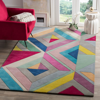 Tapis gris / rose / jaune en laine touffeté à la main Harsirat