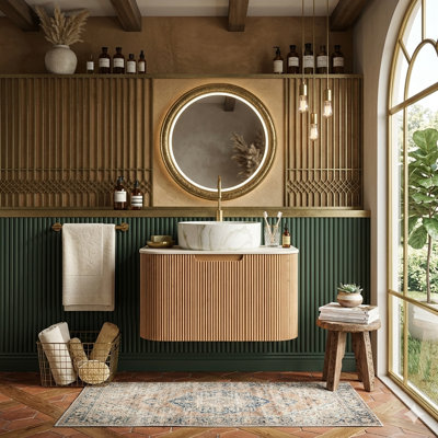 Meuble-lavabo flottant avec plateau en pierre frittée, armoire de rangement en contreplaqué à rayures 3D avec vasque, pré-assemblé, bois naturel