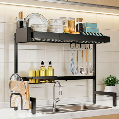 Expandable Over Sink Dish Drying Rack 2-Tier Stainless Steel 30-34.5 Inch Black