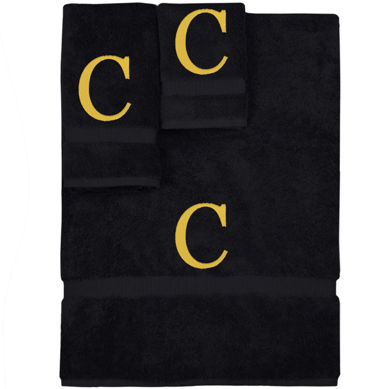 Ensemble de serviettes monogrammées - ensemble de 3 - lettre-bloc, C, Noir / or