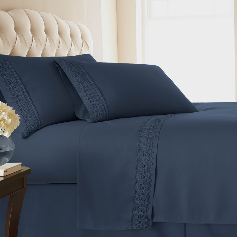 Jaquil Extra Deep Pocket Microfiber Sheet Set with Lace Hem, Full, Dark Blue
