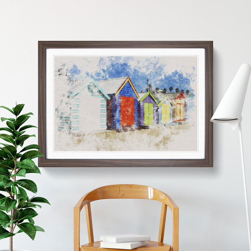 Colourful Beach Huts - Picture Frame Painting, 36cm H x 48cm W x 2cm D, Walnut