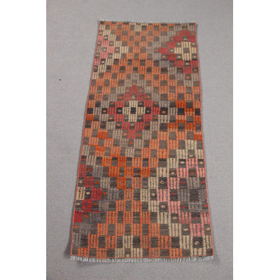 Bold Red And Orange Geometric Patterned Vintage Turkish Kilim Door Mat For Unique Bohemian Home Decor