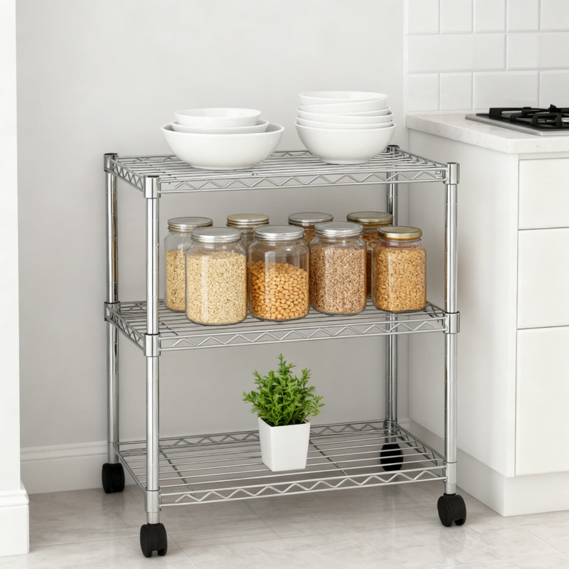 Étagère en fil métallique robuste à 3 niveaux avec roulettes, support de rangement réglable en métal pour le garde-manger, le garage, la salle de lavage et l'organisation de bureau