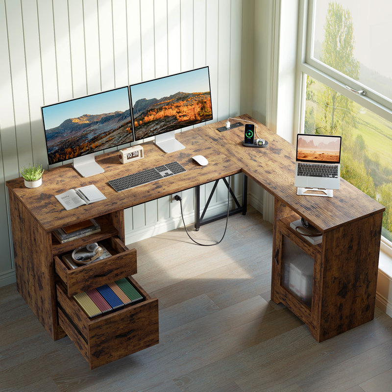 63"L-shaped Executive Computer Desk with Power Outlet, Ample Storage Corner Desk, Rustic Brown