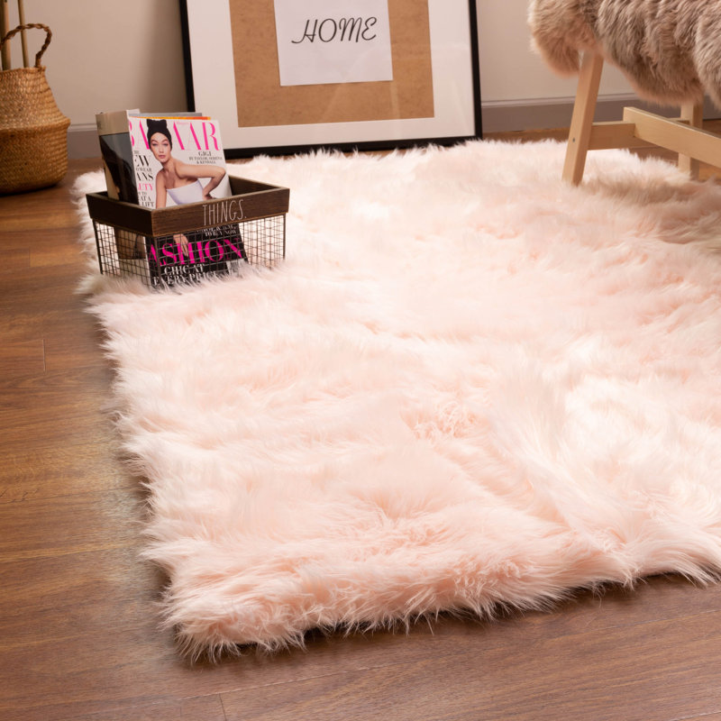 Diller Soft Pink Faux Sheepskin Fur Machine Washable Shag Fluffy Area Rug, Rectangle 5' x 7'