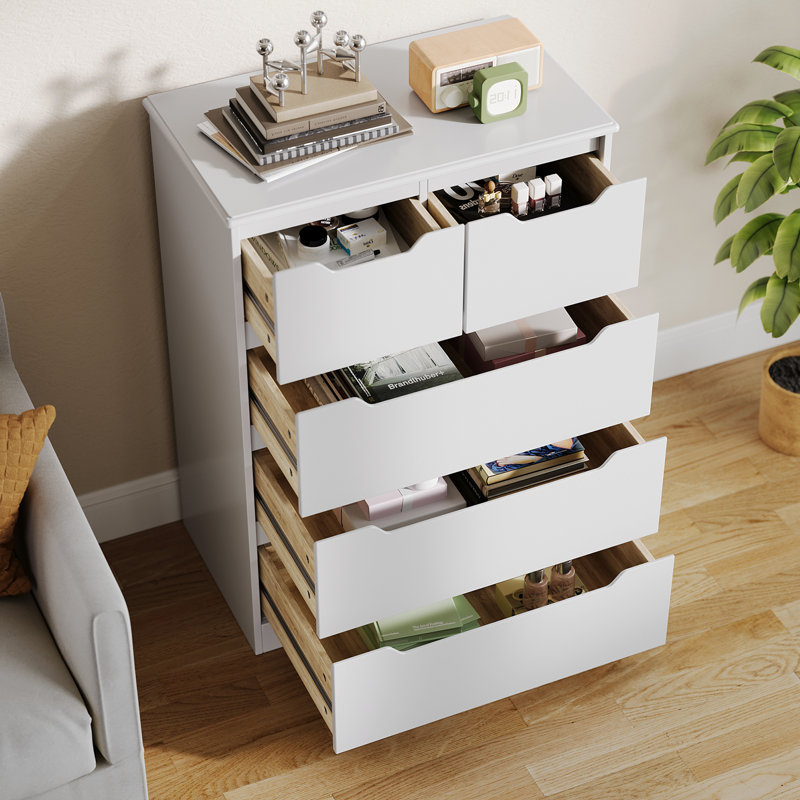 Modern 5-Drawer Dresser with Recessed Handles - Configured with 2 Small & 3 Large Drawers for Bedroom, Living Room, 5, White