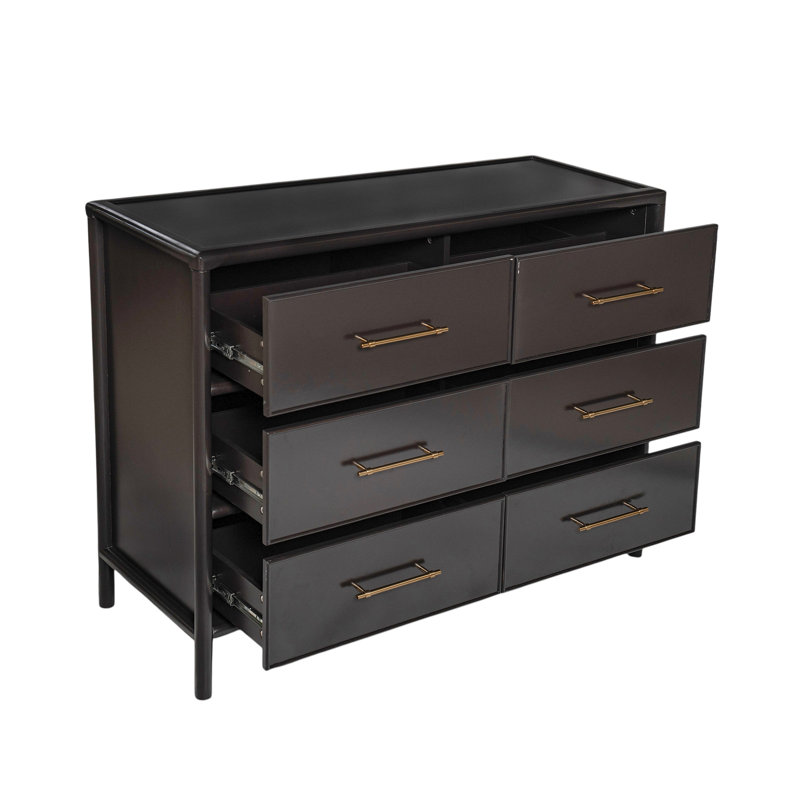 Calden Modern Glam Acacia Wood Storage Cabinet With 6 Drawers And Sleek Metal Hardware, Dark Brown