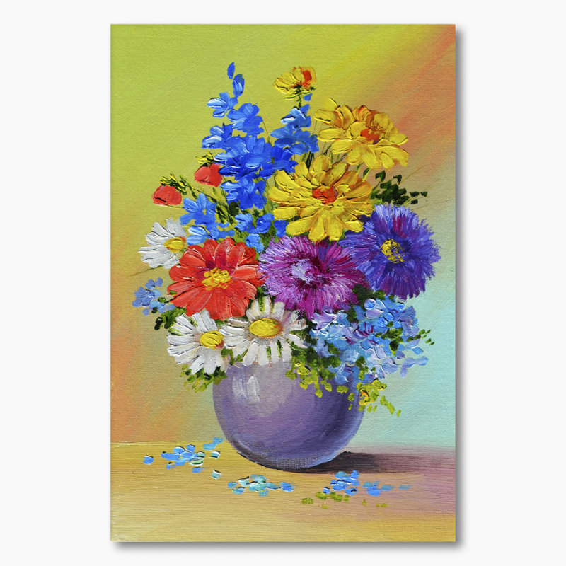 Nature morte au bouquet bleu et jaune - Peinture, H 12 po x l 8 po, Toile tendue