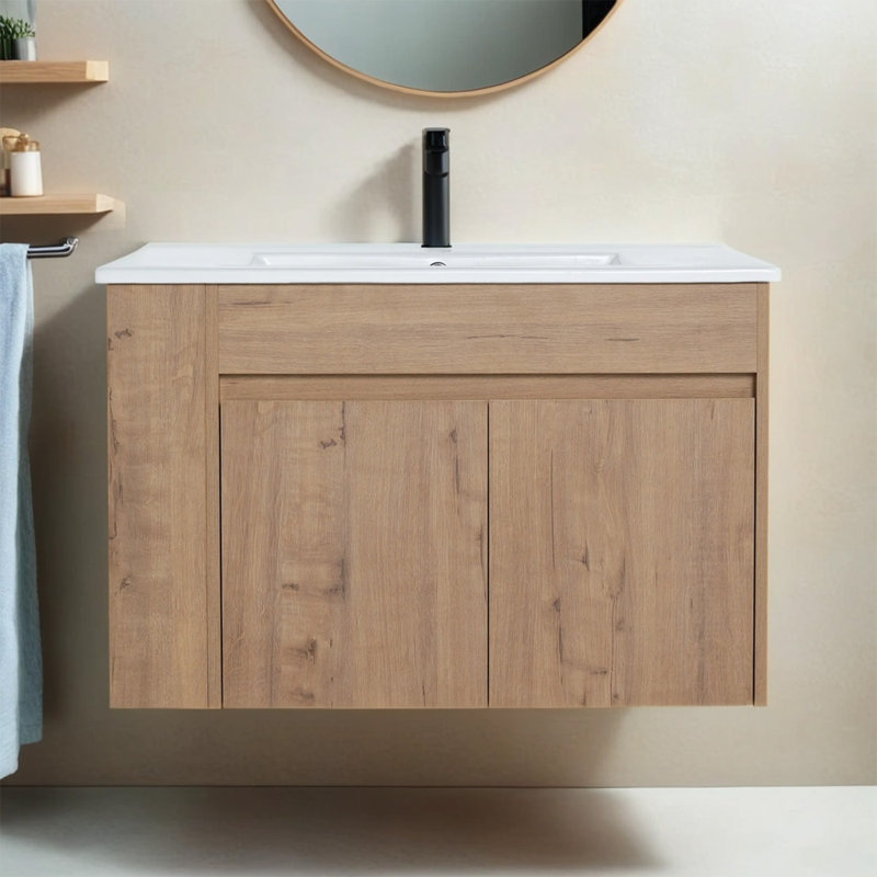 Meuble-lavabo simple 30,02 po avec plateau en céramique Dipasquale, Blanc lustré