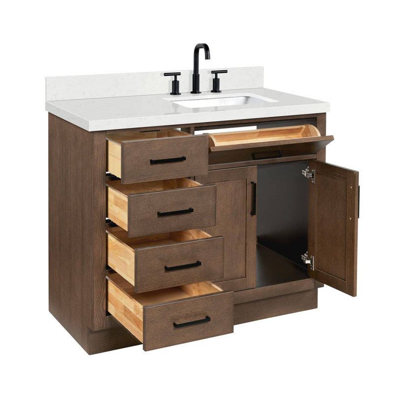Meuble-lavabo simple en bois massif 42 po Tidworth avec plateau en quartz Carrara de 1,5 po, Oui, Forme rectangulaire