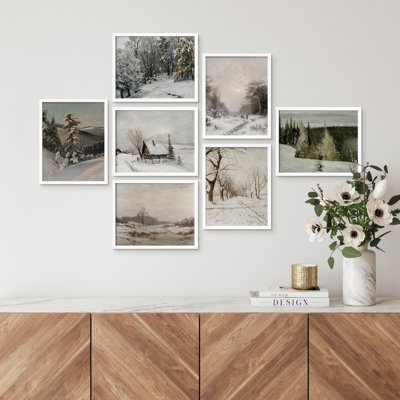 Paysage enneigé, campagne, nature, désert, illustration, décor, rustique, confortable, zen, beaux-arts