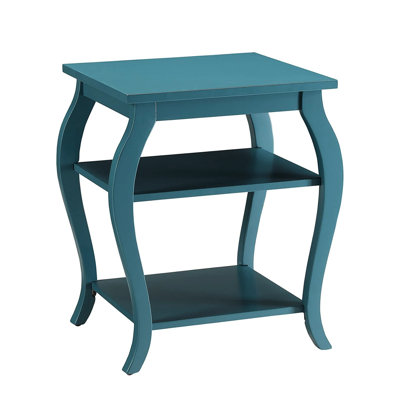 Square Top Teal End Table With 2 Open Shelves, Solid Wood Legs, Veneer, 17 Lbs Weight Leg Construction, Surface, 23 Inches High