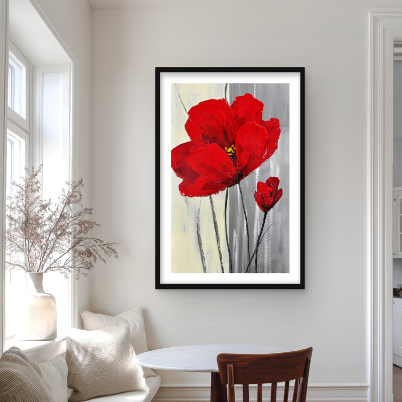 Red Flowers on Gray Background | Framed Botanical Print