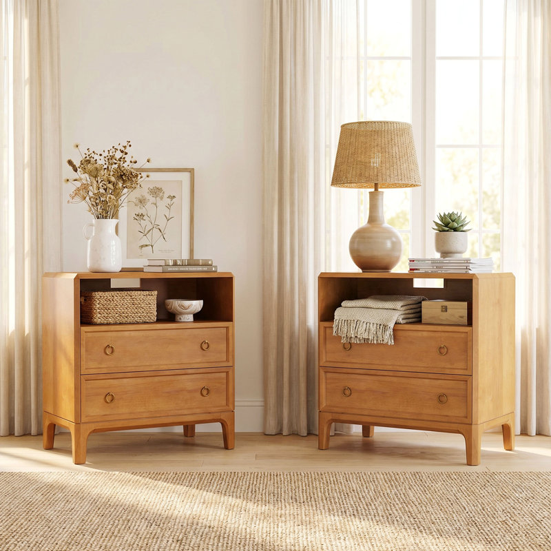 Ensemble de 2 tables de chevet en bois massif - deux tiroirs et station de charge USB / AC, Brun, Set Of 2