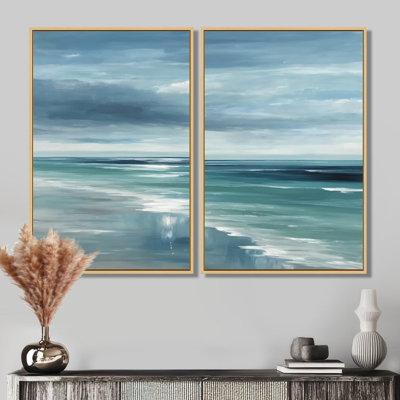 «Coastal Waves» dans des tons bleus et blancs - art mural côtier, impression sur toile 2 pièces, H 36 po x l 48 po, Crème