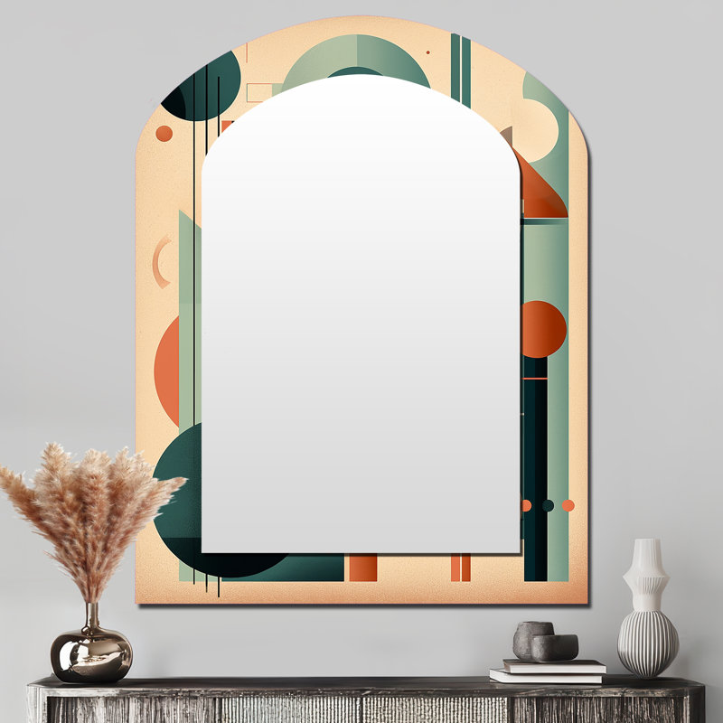 Orange And Green Mid Century Momentum IV - Midcentury Modern Arch Large Mirror, Modern Asymmetrical Decorative Wall Mirror, Printed Metal Art