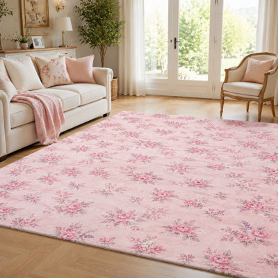 1Pcs Vintage Floral Print Area Rug - Shabby Chic Pink Rose Pattern Floor Mat, Soft Plush Indoor Carpet for Living Room, Bedroom, Hallway for home detor