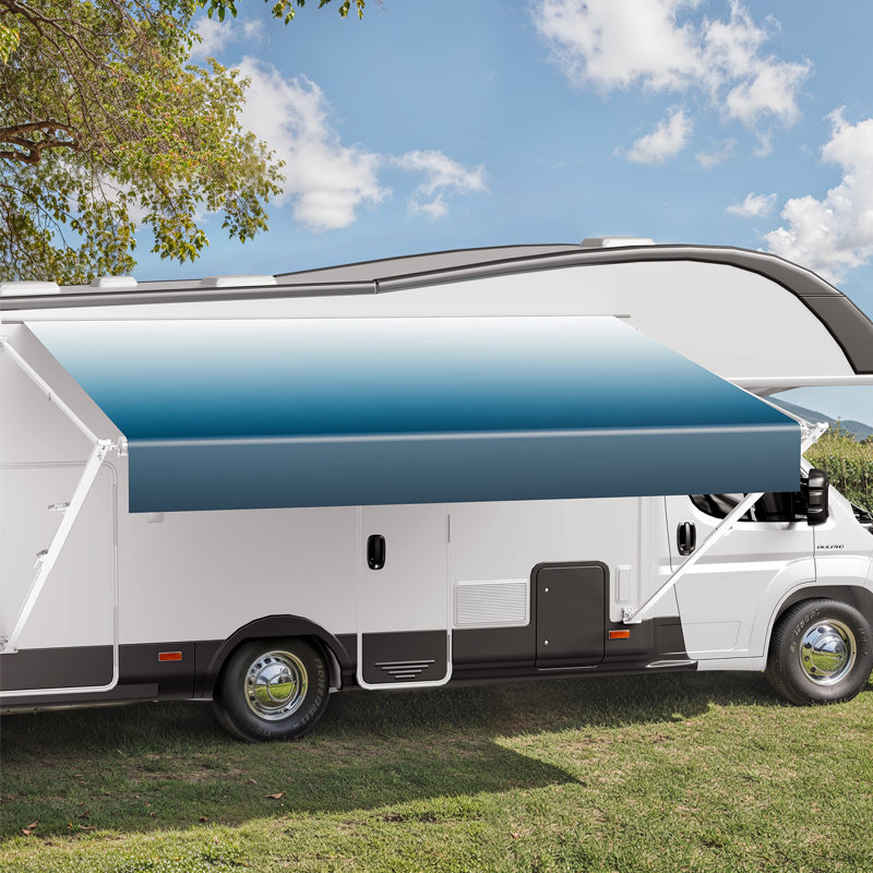 VEVOR 240cm D Vinyl Cover Retractable Trailer Awning, 170.2cm H x 620.3cm W x 240cm D, Blue/White