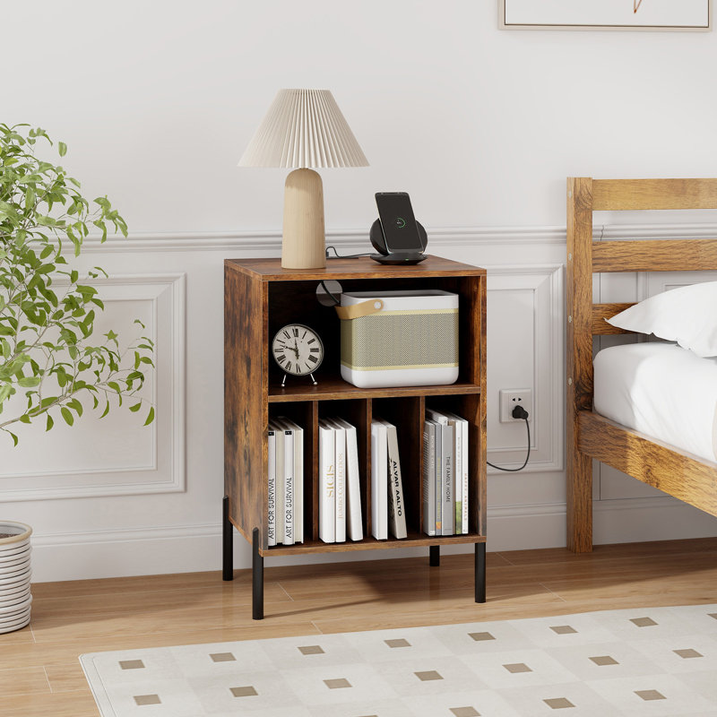 Record Player Stand w/Charging Station 5 Storage Compartments Anti-toppling Kits, Coffee