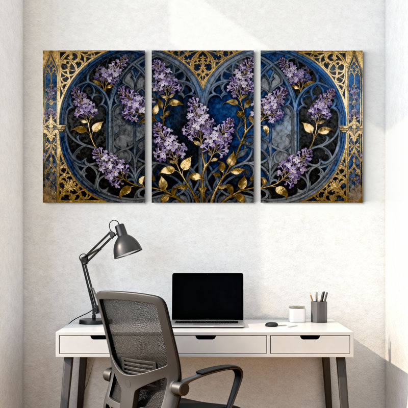 Plantes et fleurs, fleurs de lavande, décorations dorées, ensemble de 3 impressions sur toile, H 18 po x l 12 po