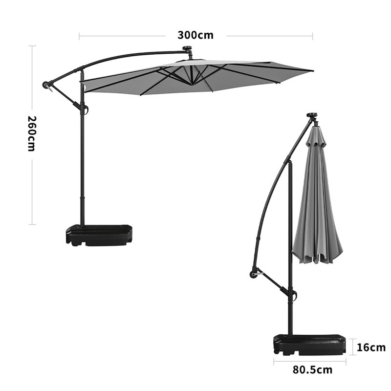 Aiswarya 3m Cantilever Parasol with LED Light, Light Grey