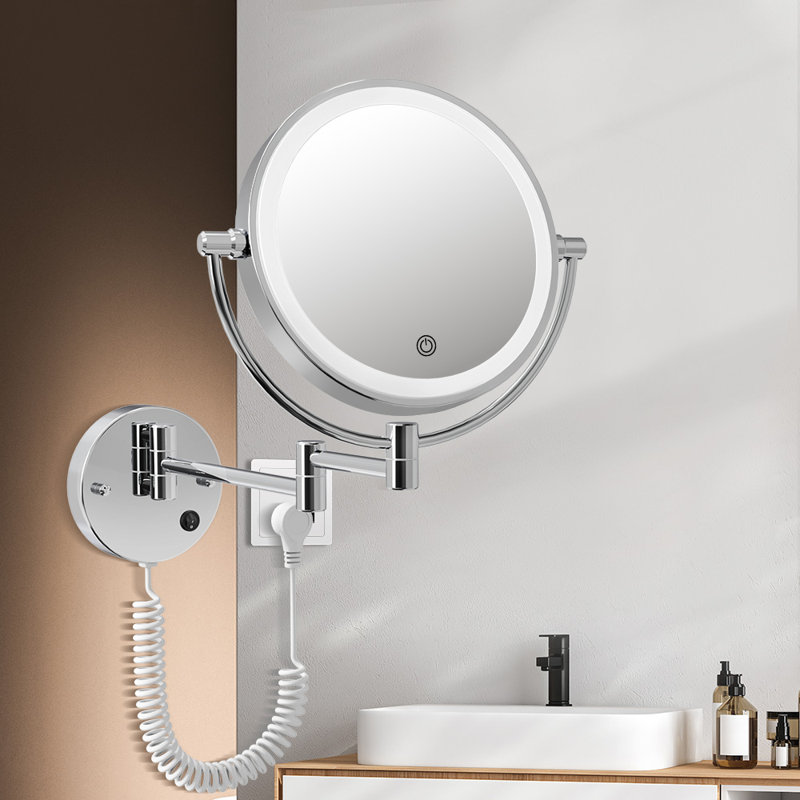 Tabit Metal Round Modern LED Lighted Magnifying Plug-In Wall Mounted Bathroom Vanity Makeup Mirror, Chrome
