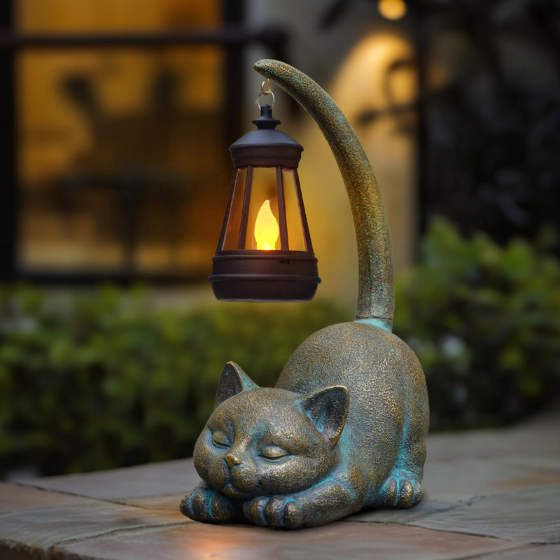 Winston Porter Solar Powered Cat Statue With Lantern - Outdoor 