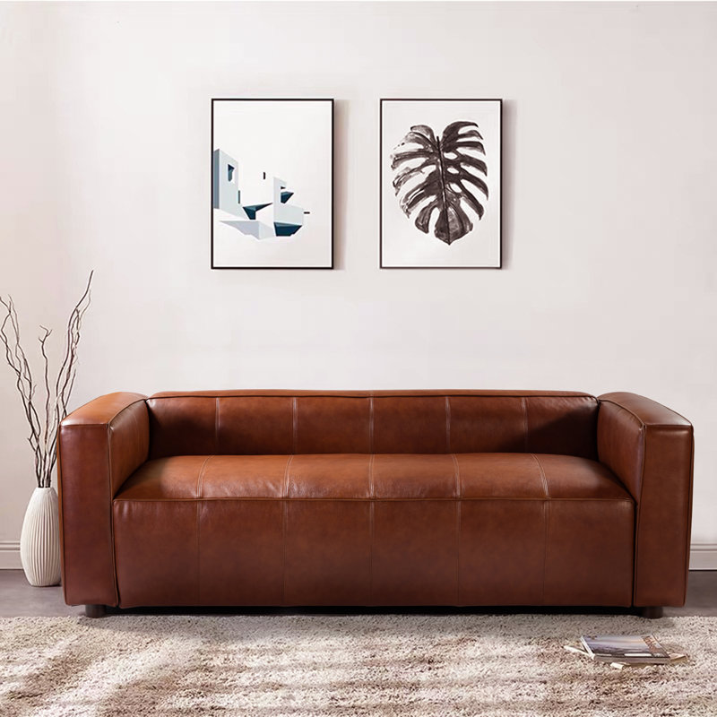 Beatryce 80" Genuine Leather Tuxedo Arm Sofa, Brown Genuine Leather