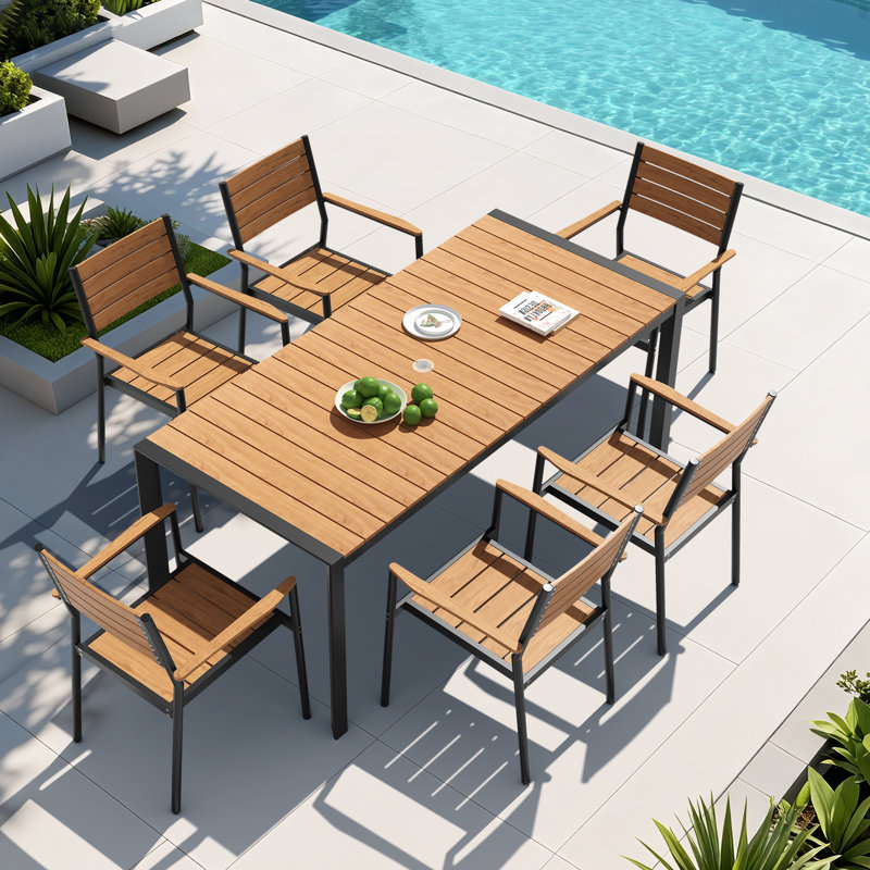6 - Person 71‘’ L  Aluminum Patio Dining Set With Stackable Chairs And Umbrella Hole, Brown